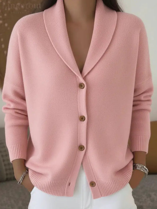 Shawl Lapel Button Down Knit Cardigan - Pink / S
