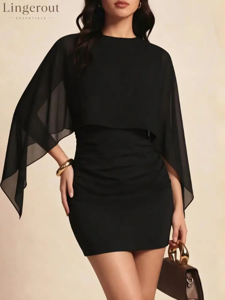 Sheer Cape Overlay High-Neck Ruched Mini Dress - Black / S