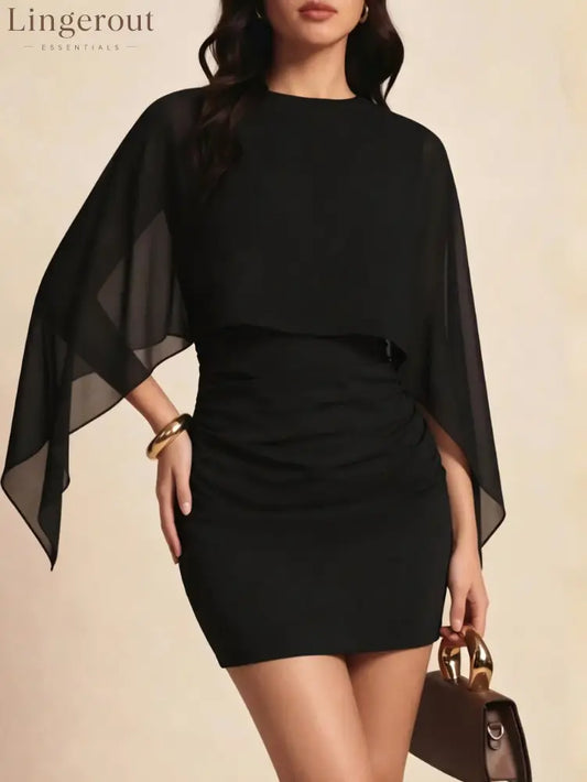Sheer Cape Overlay High-Neck Ruched Mini Dress - Black / S