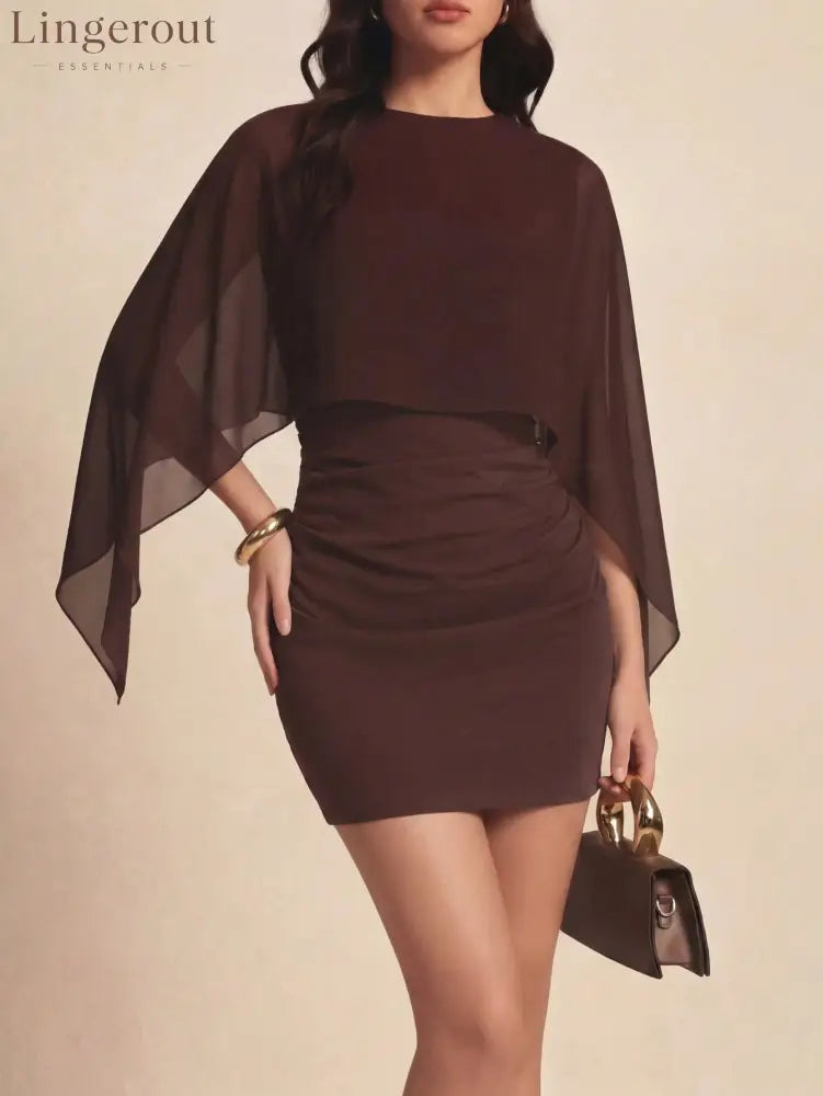 Sheer Cape Overlay High-Neck Ruched Mini Dress - Coffee / S