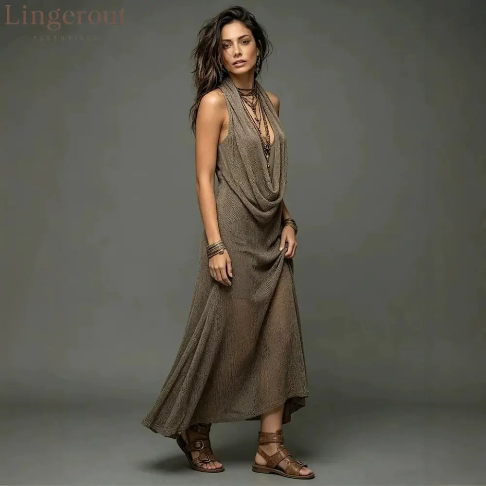Sheer Mesh Cowl Halter Sleeveless Boho Maxi Dress