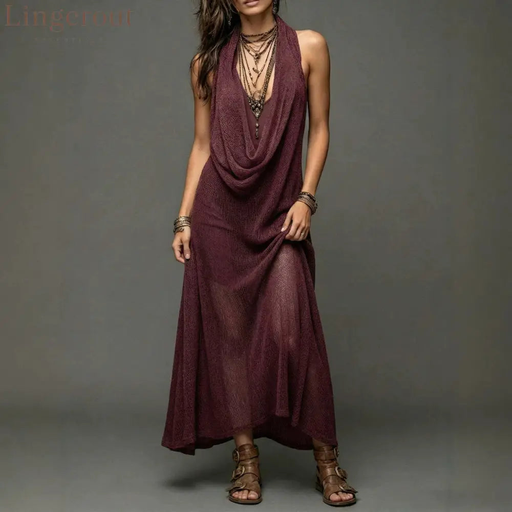 Sheer Mesh Cowl Halter Sleeveless Boho Maxi Dress