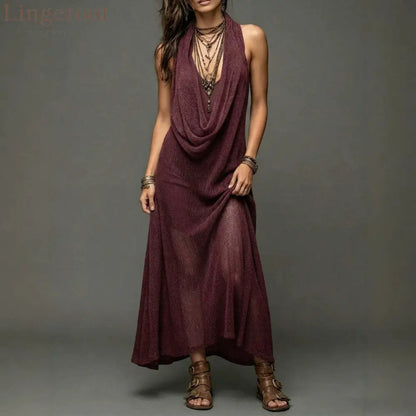 Sheer Mesh Cowl Halter Sleeveless Boho Maxi Dress