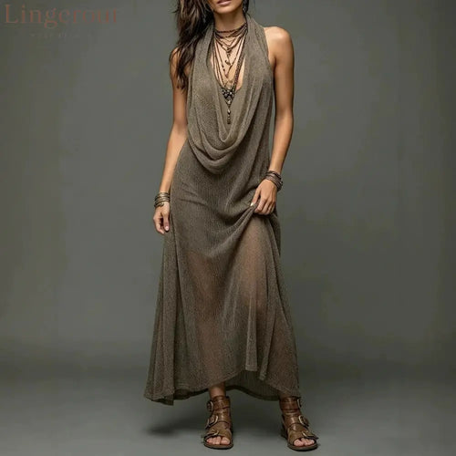 Sheer Mesh Cowl Halter Sleeveless Boho Maxi Dress