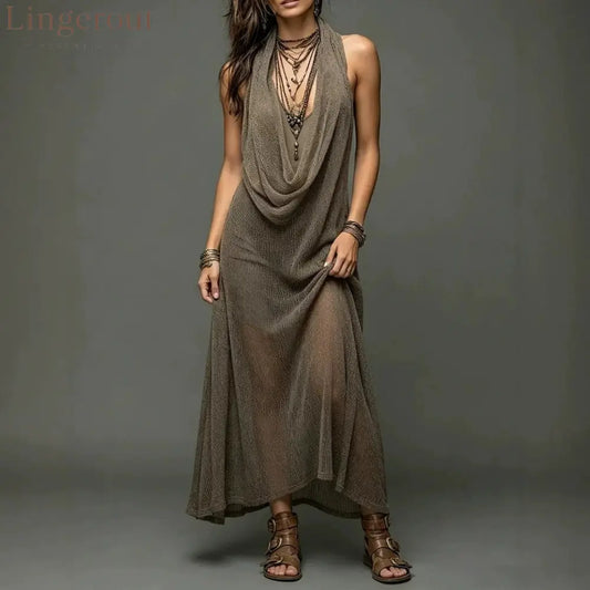 Sheer Mesh Cowl Halter Sleeveless Boho Maxi Dress