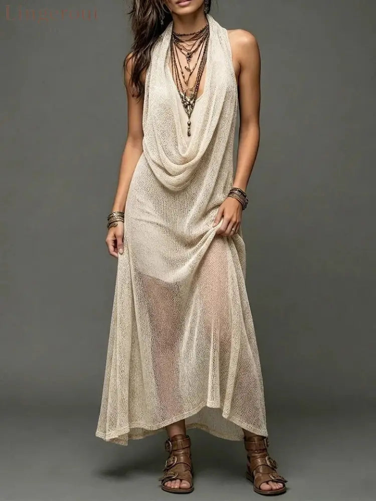 Sheer Mesh Cowl Halter Sleeveless Boho Maxi Dress - Apricot / S