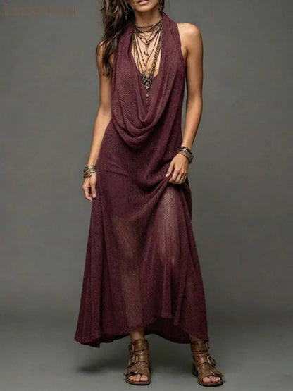 Sheer Mesh Cowl Halter Sleeveless Boho Maxi Dress - Claret / S