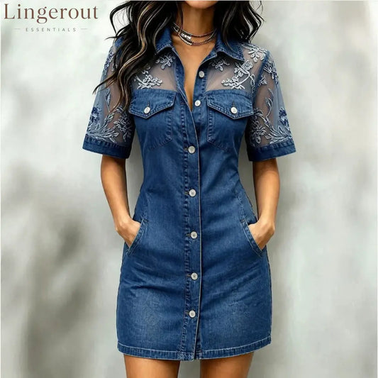 Sheer Mesh Floral Embroidered Denim Mini Dress
