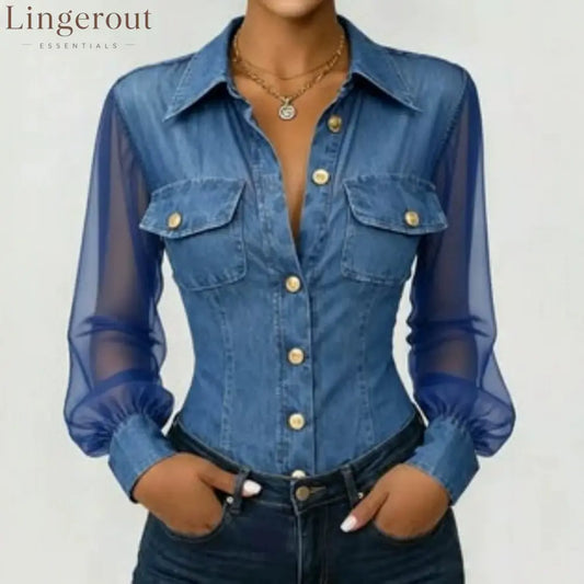Sheer Mesh Sleeve Denim Blouse