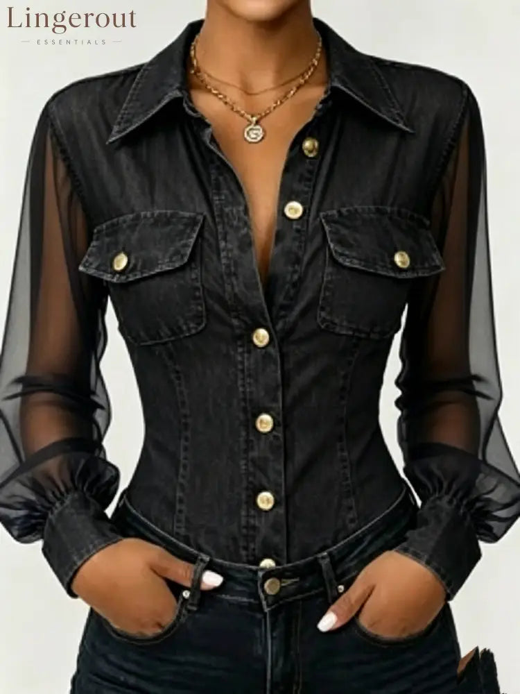 Sheer Mesh Sleeve Denim Blouse - Black / S