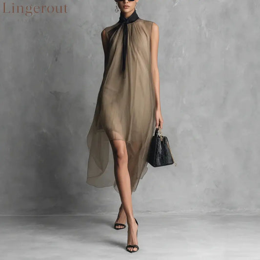 Sheer Mesh Sleeveless Tie Neck Asymmetrical Midi Dress
