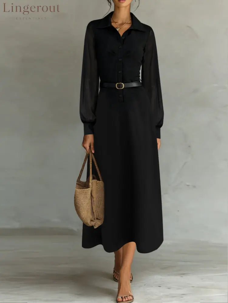 Sheer Sleeve Belted Maxi Shirt Dress - Black / XS - Maxi Dresses