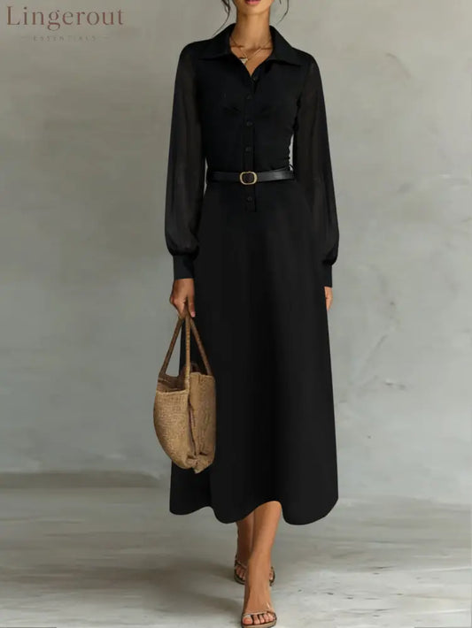 Sheer Sleeve Belted Maxi Shirt Dress - Black / XS - Maxi Dresses