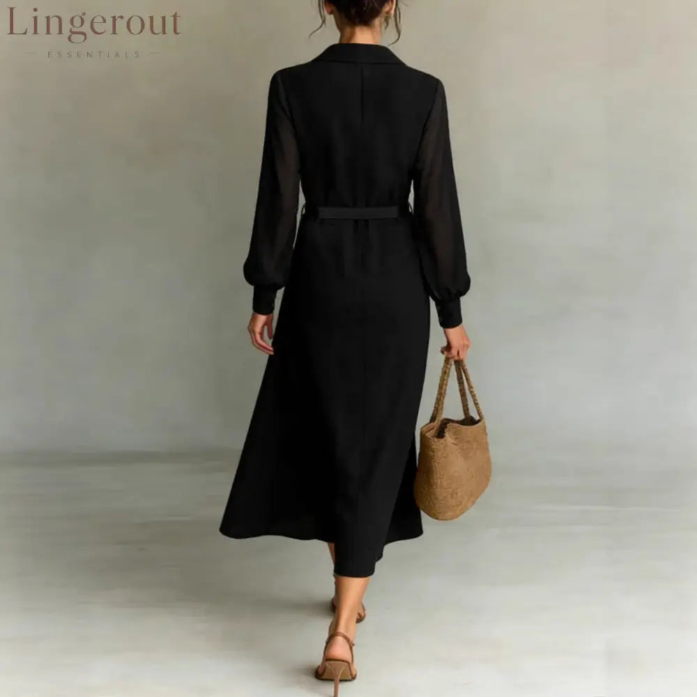 Sheer Sleeve Belted Maxi Shirt Dress - Maxi Dresses