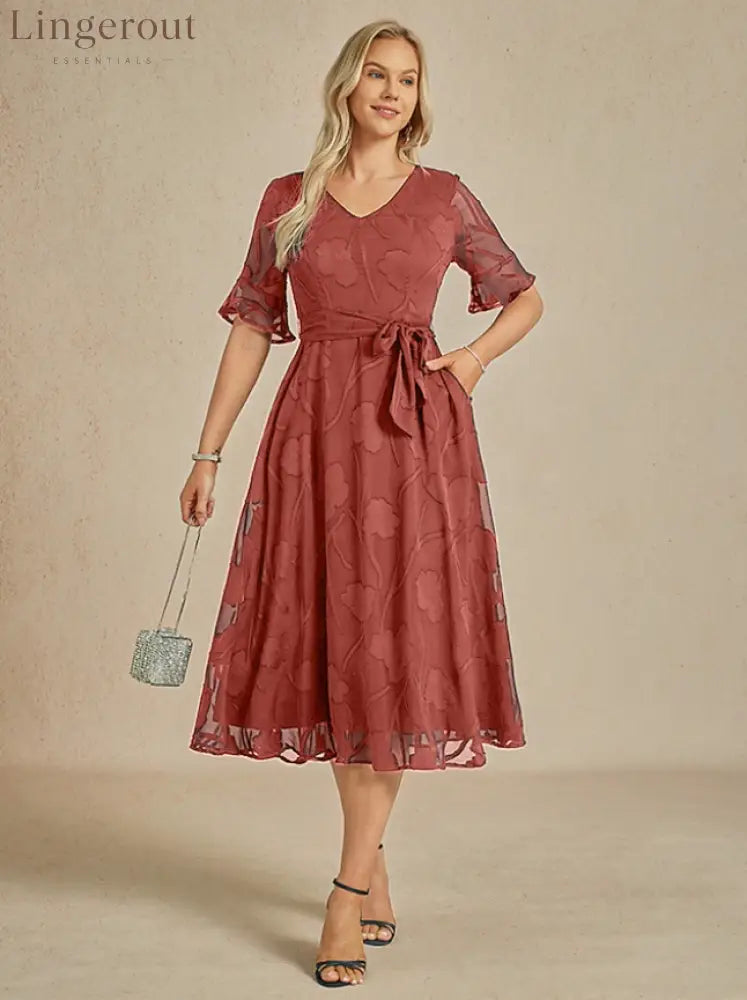 Sheer Sleeve V-Neck Floral Dress - Coral Red / S