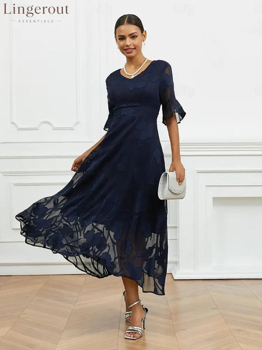 Sheer Sleeve V-Neck Floral Dress - Dark Blue / S