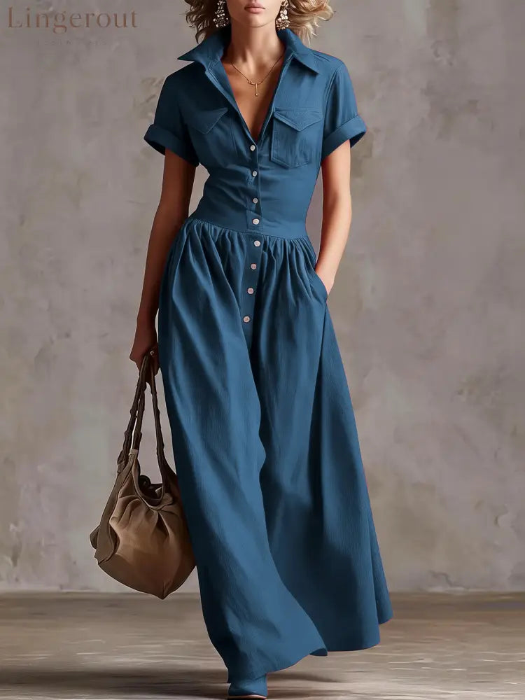 Shirt‑Style Maxi Shirt Dress - Blue / S