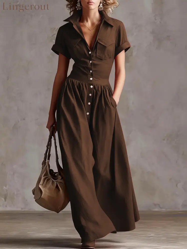 Shirt‑Style Maxi Shirt Dress - Dark brown / S