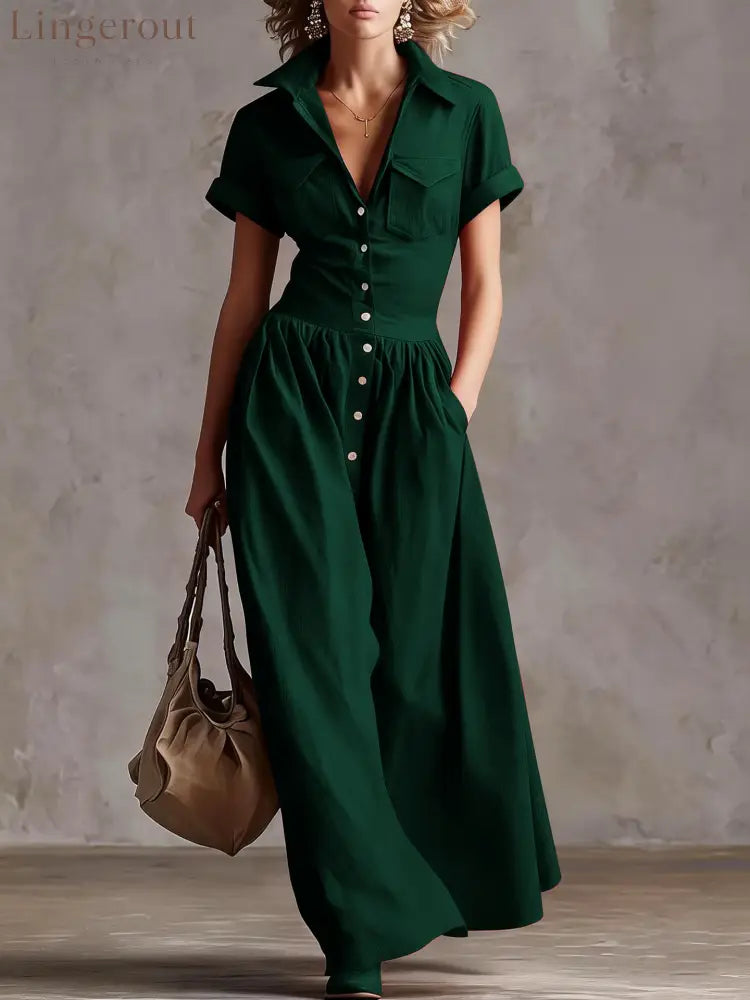 Shirt‑Style Maxi Shirt Dress - Dark green / S
