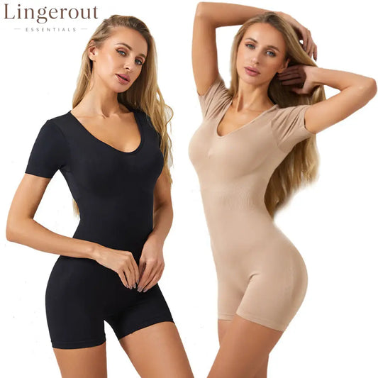 Short Sleeve V-Neck Tummy Control Butt Lift Shaping Bodysuit Shorts
