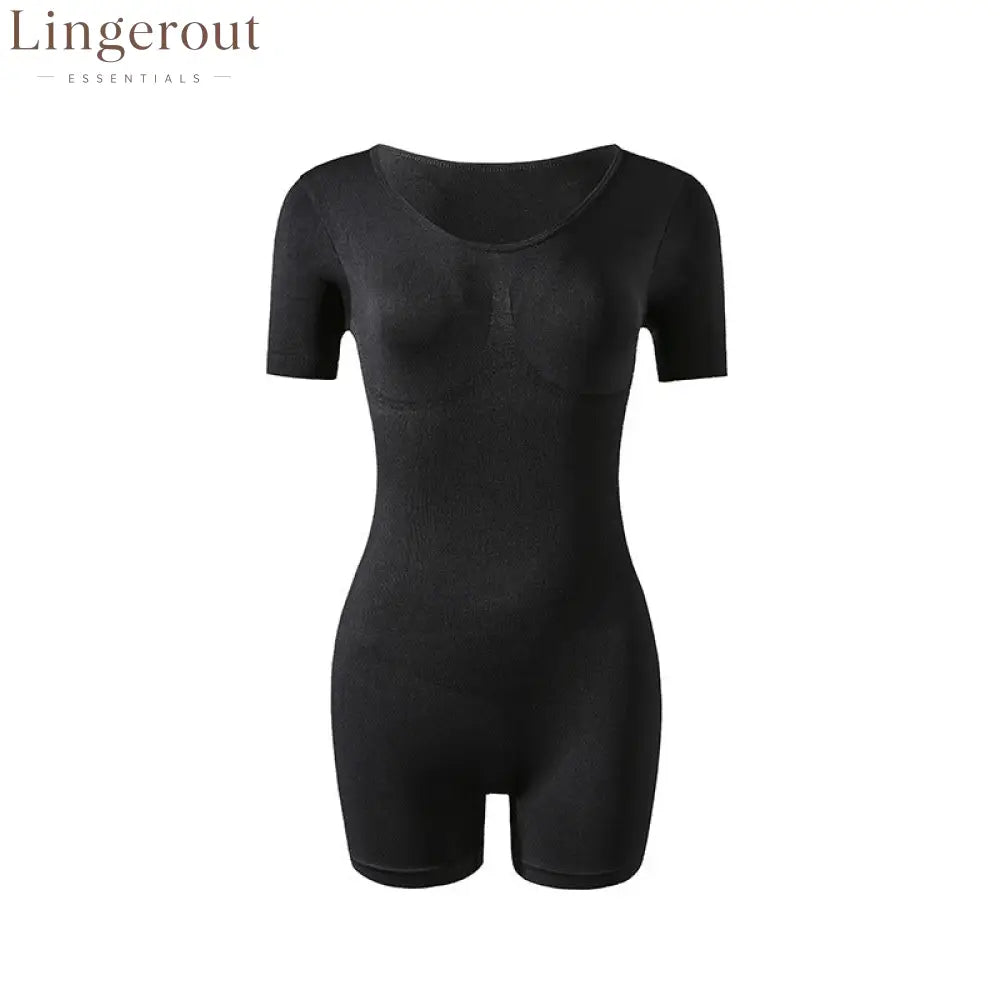 Short Sleeve V-Neck Tummy Control Butt Lift Shaping Bodysuit Shorts - Black / S