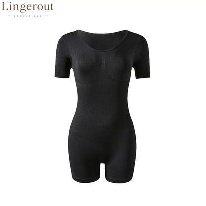 Short Sleeve V-Neck Tummy Control Butt Lift Shaping Bodysuit Shorts - Black / S