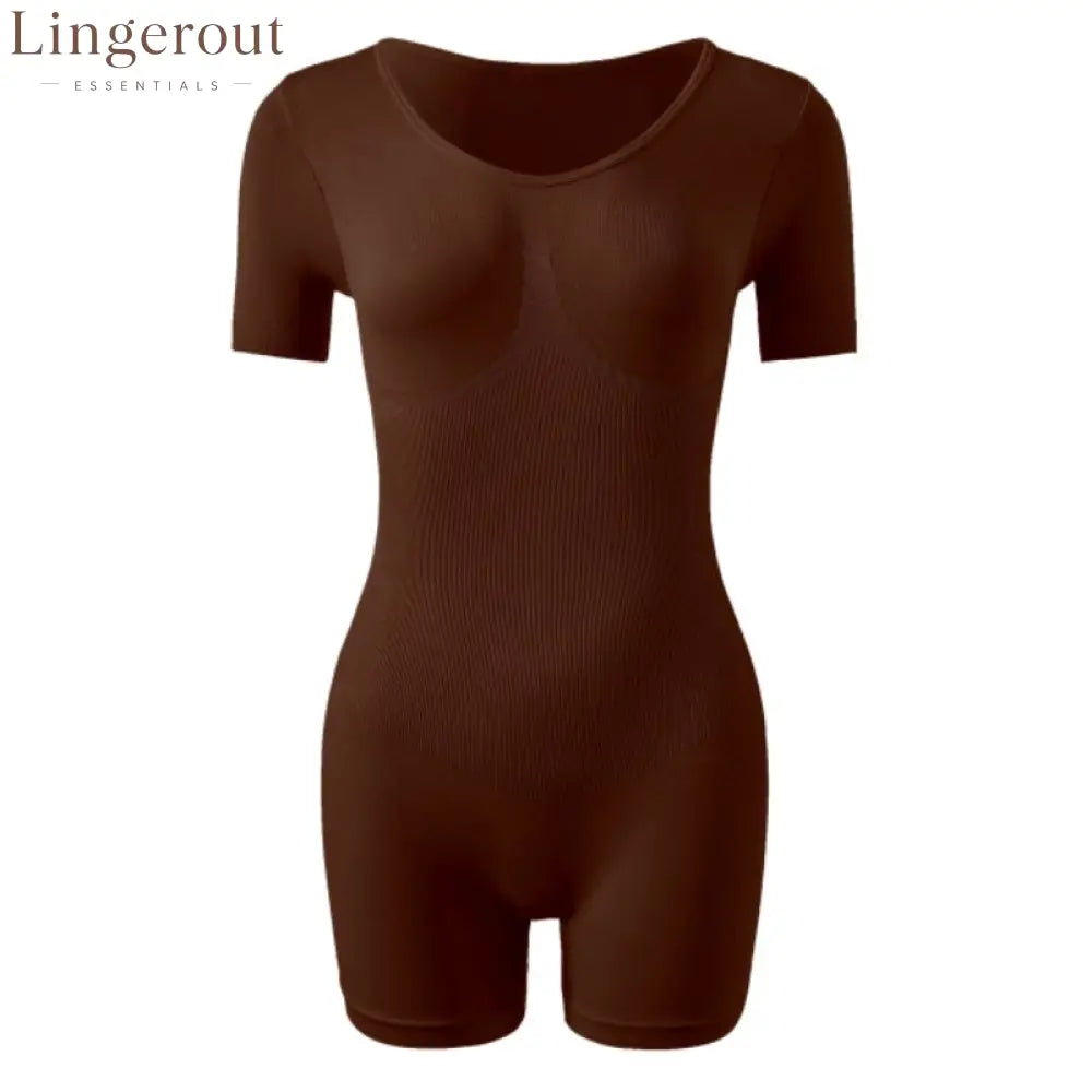 Short Sleeve V-Neck Tummy Control Butt Lift Shaping Bodysuit Shorts - Brown / S