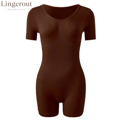 Short Sleeve V-Neck Tummy Control Butt Lift Shaping Bodysuit Shorts - Brown / S
