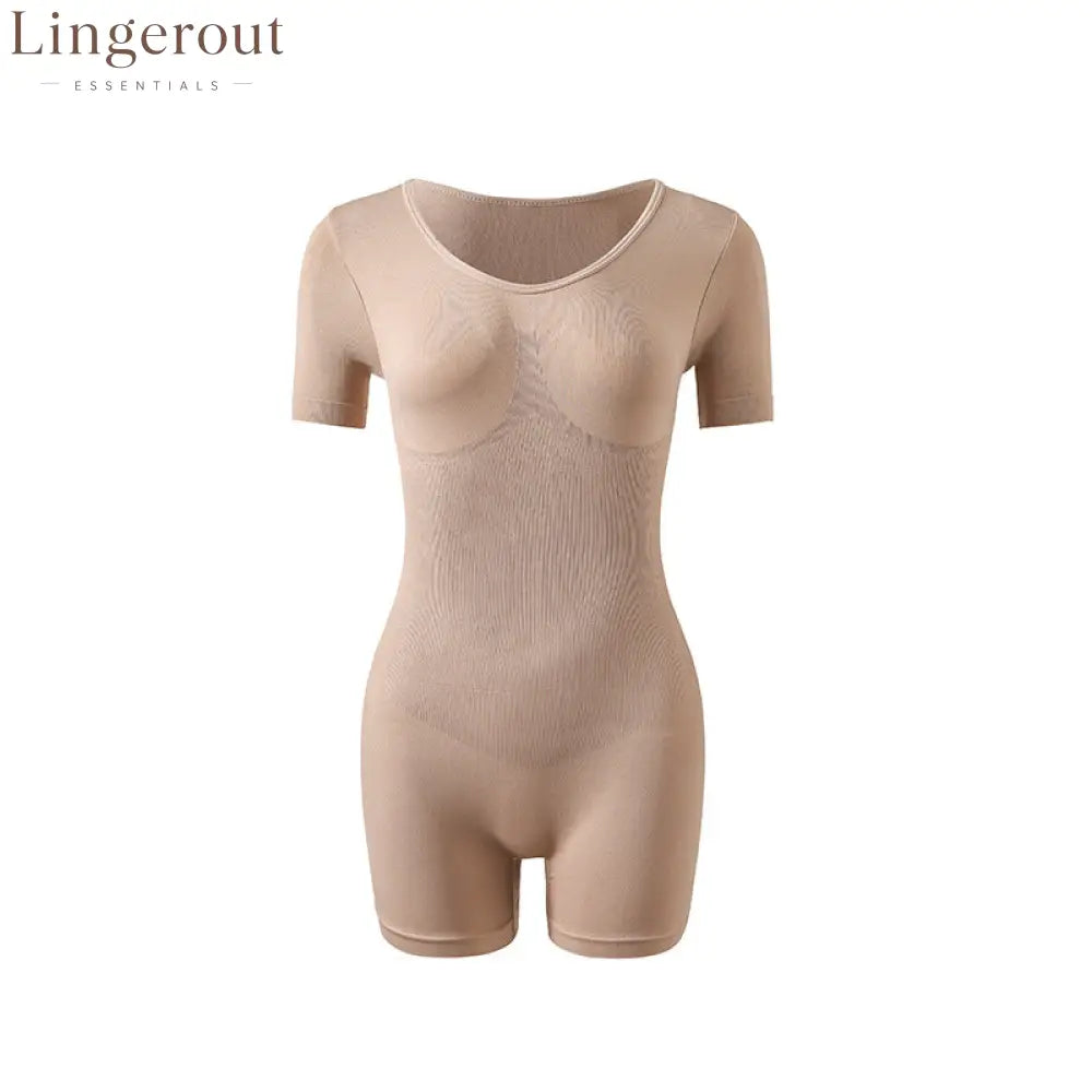 Short Sleeve V-Neck Tummy Control Butt Lift Shaping Bodysuit Shorts - Nude / S