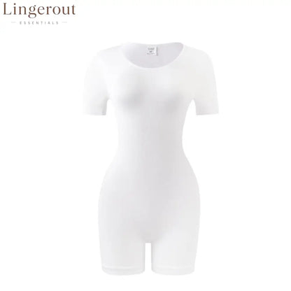 Short Sleeve V-Neck Tummy Control Butt Lift Shaping Bodysuit Shorts - White / S