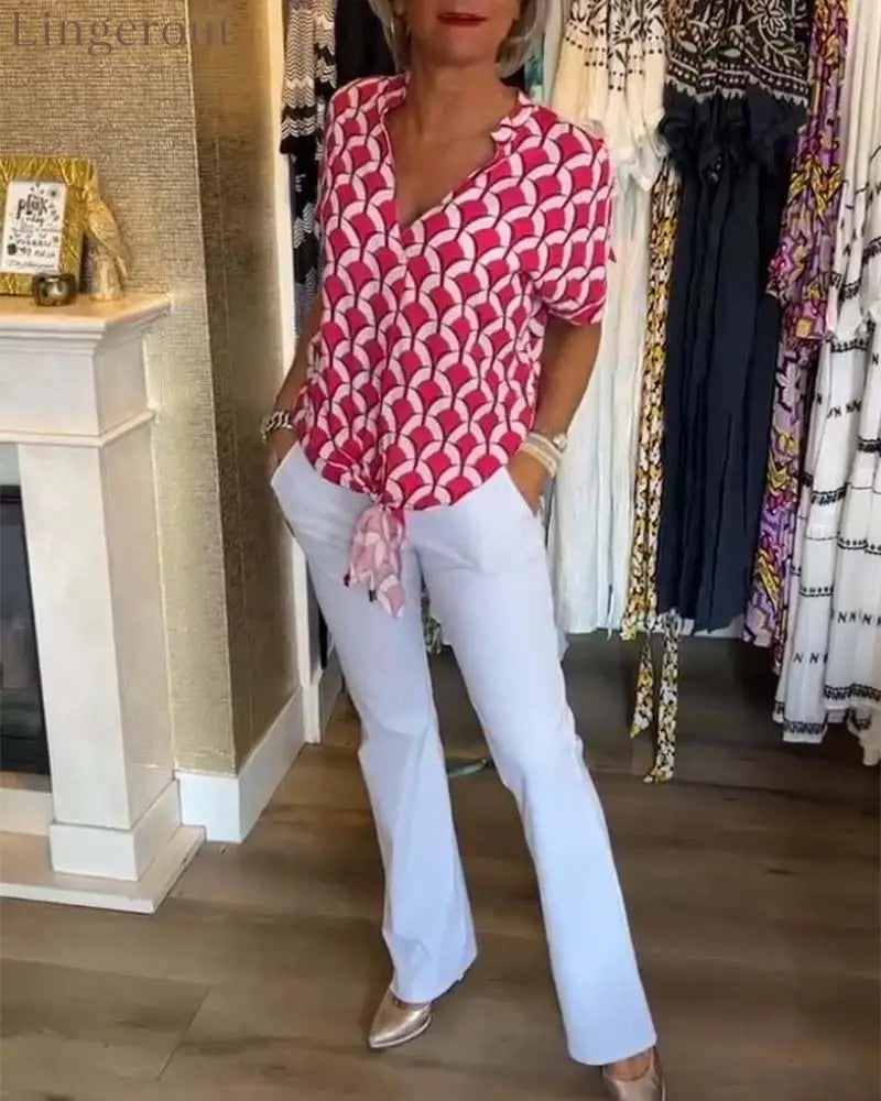 Short-sleeved V-neck printed casual top - Red / S