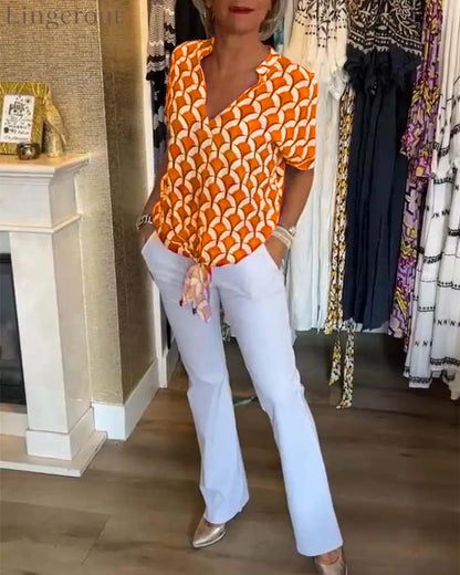 Short-sleeved V-neck printed casual top - Yellow / S
