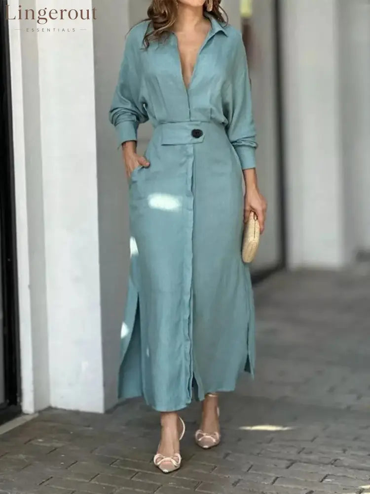 Side Slit Long Sleeve Shirt Dress