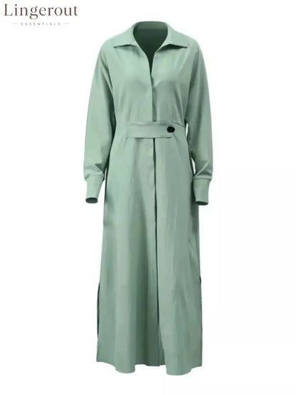 Side Slit Long Sleeve Shirt Dress - Green / S