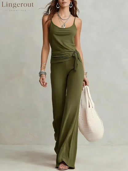Side Tie Cami Top & High Waist Wide Leg Pants Two Piece Matching Set - Army green / XS