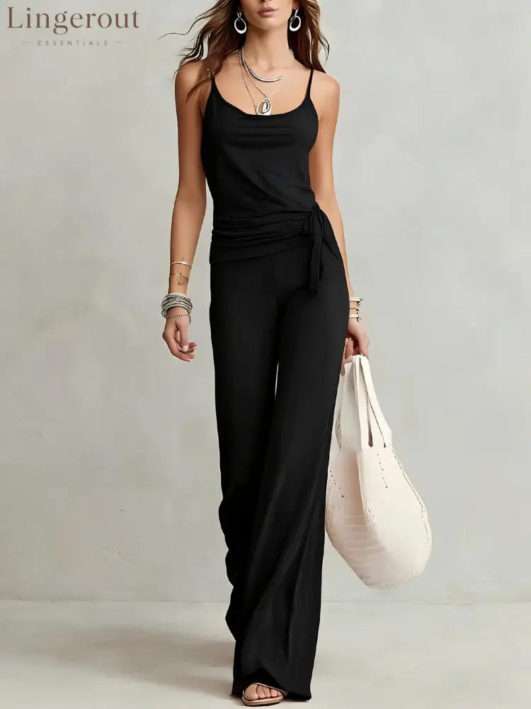 Side Tie Cami Top & High Waist Wide Leg Pants Two Piece Matching Set - Black / XS