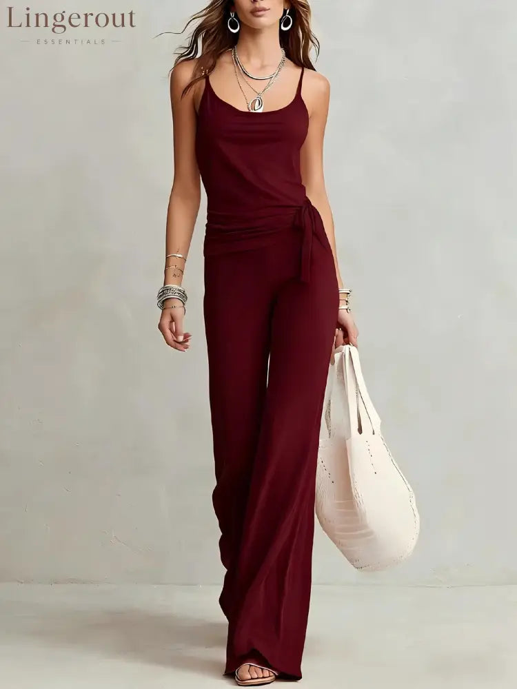 Side Tie Cami Top & High Waist Wide Leg Pants Two Piece Matching Set - Claret / XS