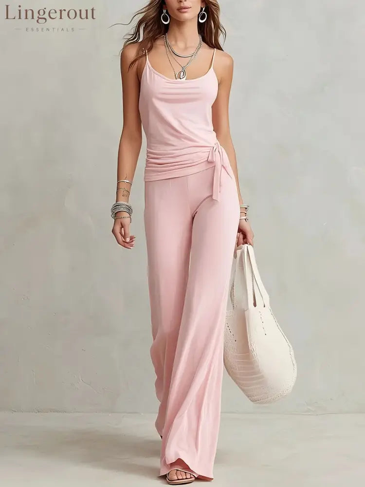 Side Tie Cami Top & High Waist Wide Leg Pants Two Piece Matching Set - Pink / XS