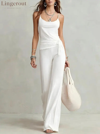 Side Tie Cami Top & High Waist Wide Leg Pants Two Piece Matching Set - White / XS