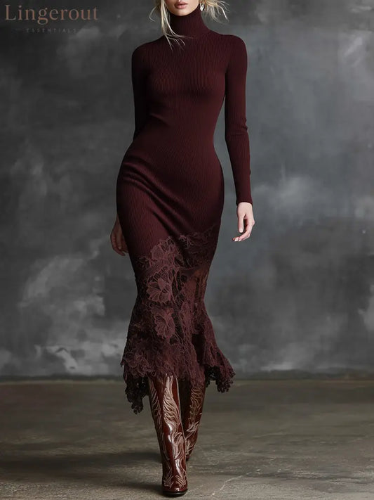 Simple And Elegant High-neck Lace Hem Burgundy Knitted Maxi Dress