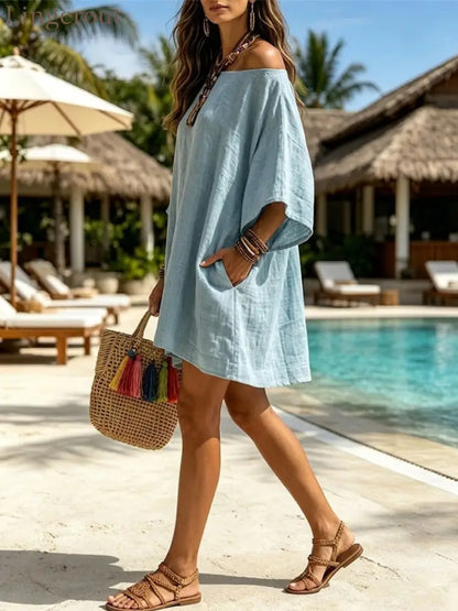 Simple Retro Cotton And Linen One Line Off Shoulder Batball Sleeve Loose Dress