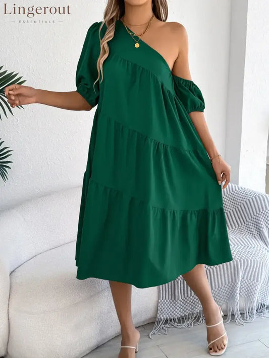 Single Shoulder Tiered Dress - Dark Green / S