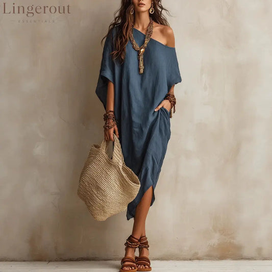 Slanted Shoulder Cotton And Linen Dress Women’S Loose Bat Sleeves Mid-Length Slit Holiday Dress