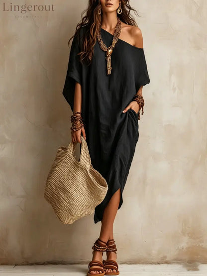 Slanted Shoulder Cotton And Linen Dress Women’S Loose Bat Sleeves Mid-Length Slit Holiday Dress - Black / S