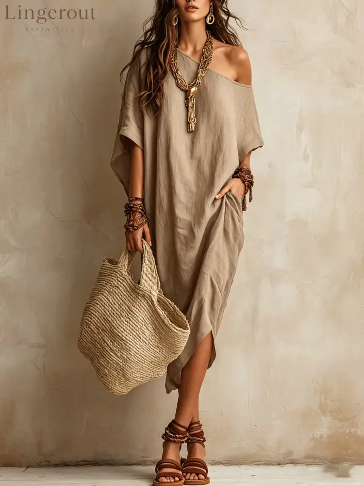 Slanted Shoulder Cotton And Linen Dress Women’S Loose Bat Sleeves Mid-Length Slit Holiday Dress - Dark khaki / S