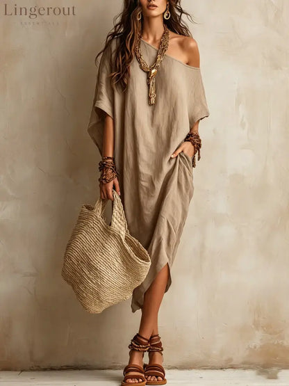 Slanted Shoulder Cotton And Linen Dress Women’S Loose Bat Sleeves Mid-Length Slit Holiday Dress - Dark khaki / S