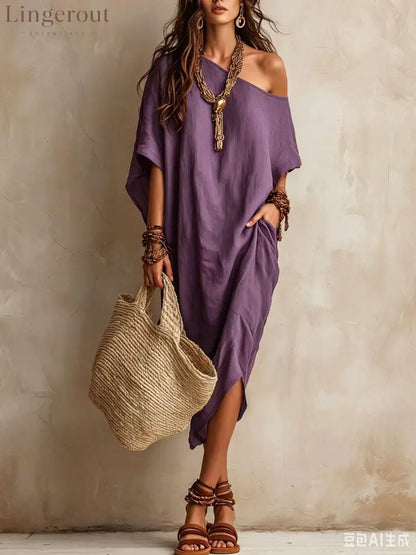 Slanted Shoulder Cotton And Linen Dress Women’S Loose Bat Sleeves Mid-Length Slit Holiday Dress - Purple / S