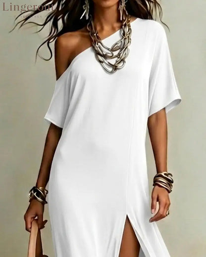 Slash Shoulder Slit Dress