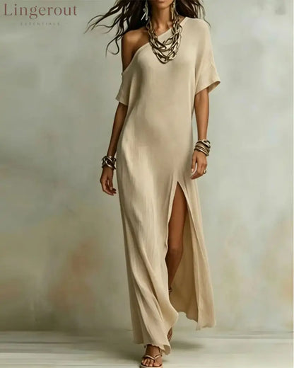 Slash Shoulder Slit Dress - Beige / S