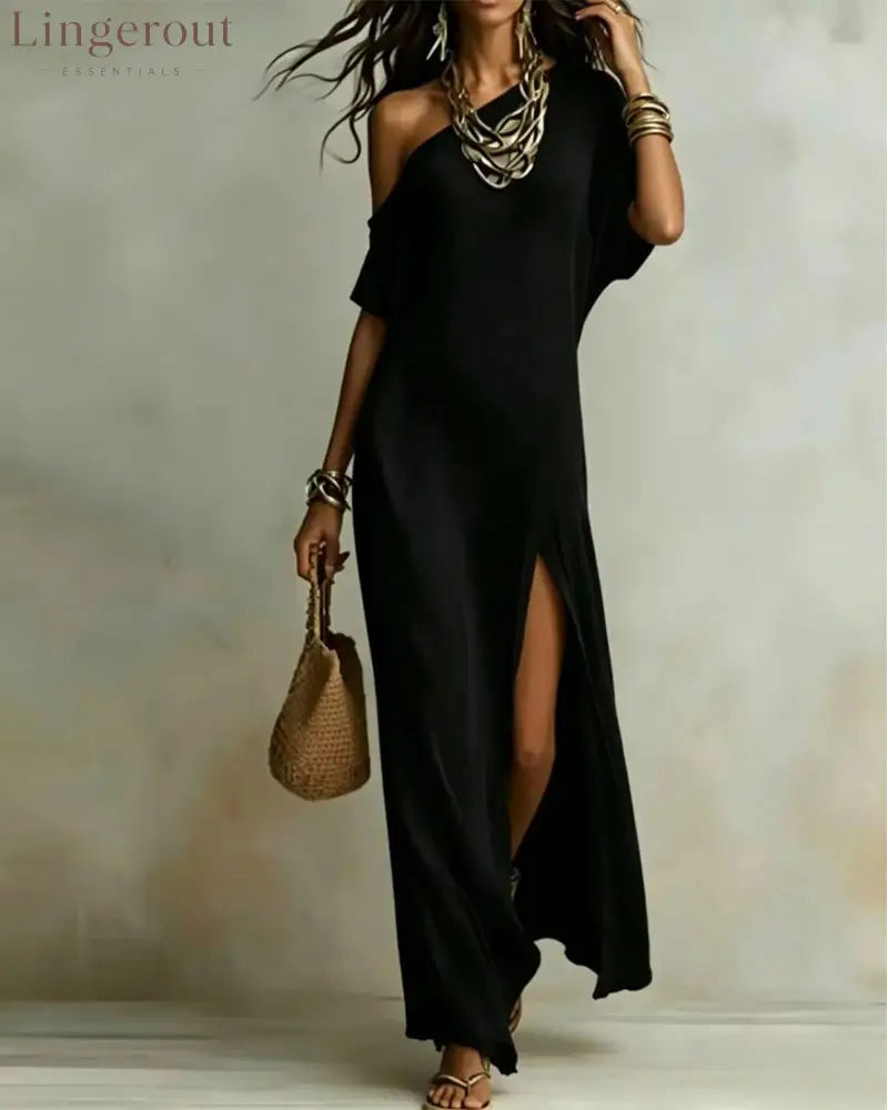 Slash Shoulder Slit Dress - Black / S